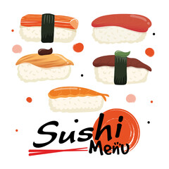 Sushi menu isolated on white background, japanese food, Vector illustration.