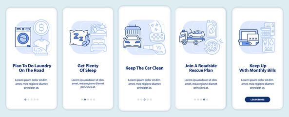 Road trip recommendations light blue onboarding mobile app screen. Walkthrough 5 steps editable graphic instructions with linear concepts. UI, UX, GUI template. Myriad Pro-Bold, Regular fonts used