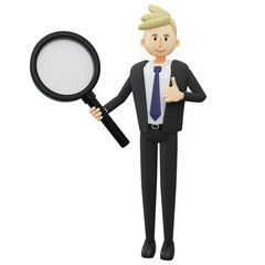 Business analyze concept.Full length of businessman is holding a big magnifying glass.3d rendering cartoon illustration.