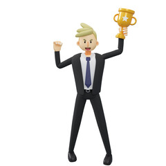 Business concept.successful.Full length of businessman is holding a trophy.3d rendering cartoon illustration.