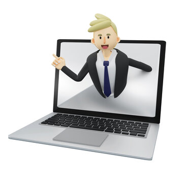 Business concept.Fast service.businessman is came out from laptop.3d rendering cartoon illustration.