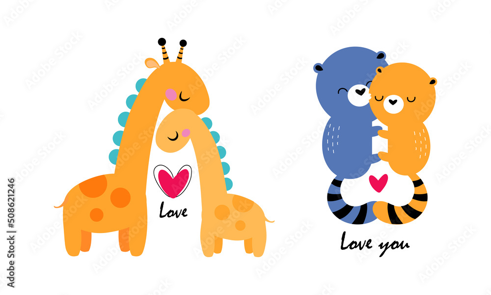 Sticker cute animal couple cuddling with heart as valentine day celebration vector set