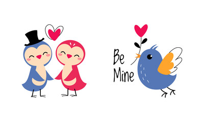 Cute Little Birdie Flying with Heart as Valentine Day Celebration Vector Set