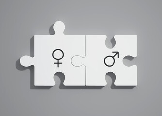 Puzzles with male and female symbols, the concept of equality, the unification of male and female