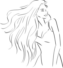 髪がなびく女性　線画
