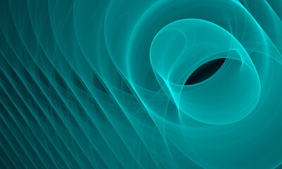 Abstract turquoise 3d shape of multilayered translucent vortex of smoky spirals in deep dark space. Weird futuristic artistic improvisation with ribs and folds. Concept of rhythm. Great for design.   - 508621420