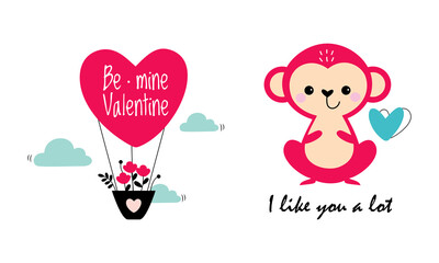 Cute Little Monkey with Heart and Flowers on Air Balloon as Valentine Day Celebration Vector Set