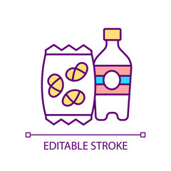 Snacks and carbonated drinks RGB color icon. Eating sweetened foods and beverages. Low nutritional value. Isolated vector illustration. Simple filled line drawing. Editable stroke. Arial font used