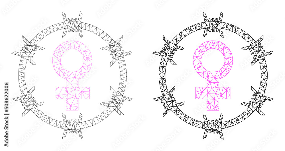 Poster polygonal mesh female jail icons. flat mesh versions are created from female jail symbol and triangu