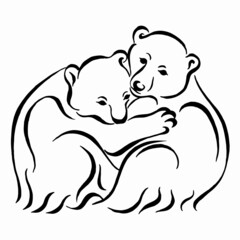 Hugging polar bears in love. Vector illustration for prints, poster, greeting card. Black and white linear drawing.