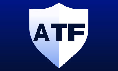 ATF shield logo design on blue background vector template | monogram logo | abstract logo | wordmark logo | letter mark logo | business logo | brand logo | flat logo, minimalist logo.	 - obrazy, fototapety, plakaty