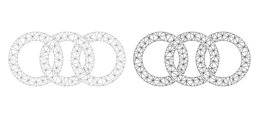 Polygonal mesh ring chain icons. Flat frame versions are created from ring chain icon and mesh lines. Abstract lines, triangles and points are combined into ring chain mesh.
