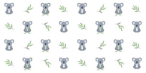 Cute koala with eucalyptus twigs on a white. Endless texture with adorable Australian animal. Vector seamless pattern for cover, wrapping paper, surface texture, nursery room and printing on clothes