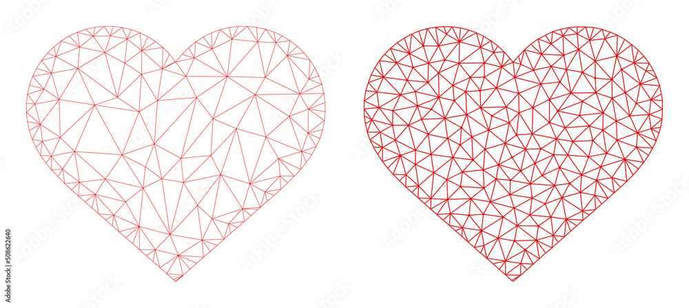 Poster polygonal mesh love heart icons. flat model versions are created from love heart icon and mesh lines