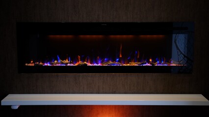 view on electric fireplace with artificial sparkling flame, decor for the interior, orange and blue...