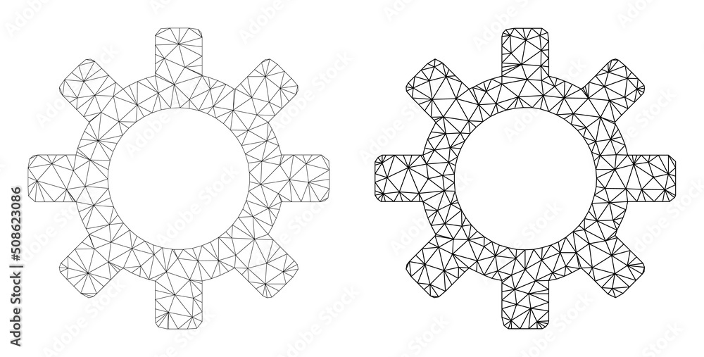 Poster polygonal mesh gearwheel icons. flat frame variants are created from gearwheel symbol and triangulat