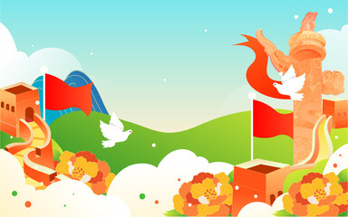 Naklejka premium People are saluting, with landmark ancient buildings and flags in the background, vector illustration, Chinese translation: Party Founding Day