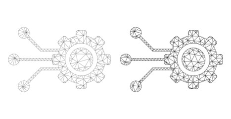 Polygonal mesh gear connectors icons. Flat carcass variants created from gear connectors pictogram and triangulated lines. Abstract lines, triangles and points organized into gear connectors carcass.