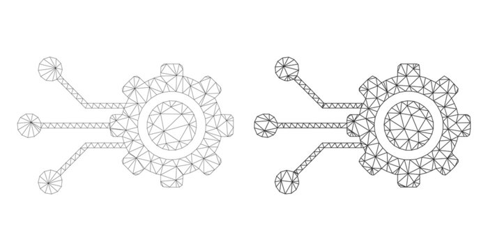 Polygonal mesh gear connectors icons. Flat carcass variants created from gear connectors pictogram and triangulated lines. Abstract lines, triangles and points organized into gear connectors carcass.