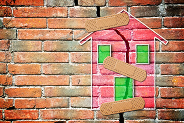 Renovation of an old cracked brick wall - concept image with bandaid patch