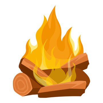 Campfire or fireplace burning woodpile isolated on white background