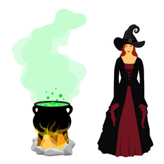 Witch and cauldron with bubbling green liquid