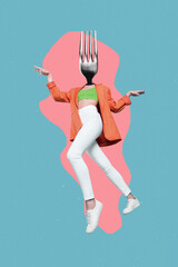 Creative 3d photo artwork graphics collage of lady fork instead of head dancing isolated blue pink color background