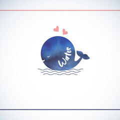Cute Logo of Whale With Pink Hearts and Waves. Watercolor effect vector logo.