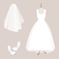 Wedding dress collection. Fashion white bride dress, shoes and veil