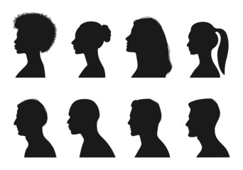 Vector silhouette of set of profile face of different people.