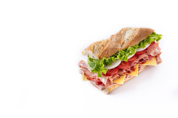 Submarine sandwich with ham, cheese, lettuce, tomatoes,onion, mortadella and sausage isolated on white background. Copy space