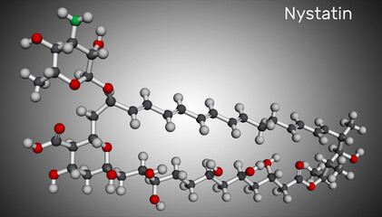 Nystatin molecule. It is polyene ionophore antifungal medication with fungicidal, fungistatic activity for treatment of Candida infections. Molecular model