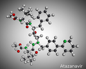 Atazanavir molecule. It is antiretroviral medication, used for the treatment of HIV. Molecular model.
