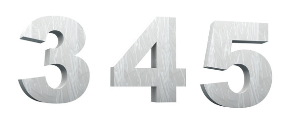 Plasticized alphabet. Numbers 3, 4, 5. White or clear plastic font. Synthetic material. 3D illustration. Cut ready.
