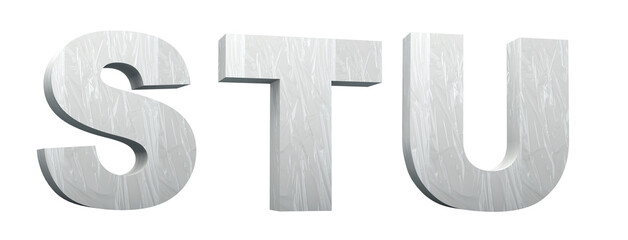 Plasticized alphabet. Letters S, T, U. White or clear plastic font. Synthetic material. 3D illustration. Cut ready.
