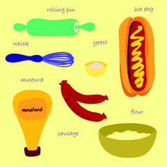 Hot dog recipe vector illustration. Hot dog ingredients. Cookbook. Sausage, mustard, flour, rolling pin, bread, salt.