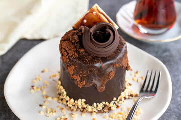 Chocolate cake. pastry product. Cake on dark background. Close-up
