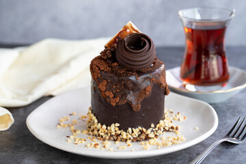 Chocolate cake. pastry product. Cake on dark background. Close-up