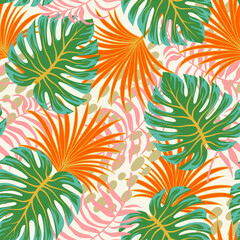 Fototapeta na wymiar Abstract seamless tropical pattern with bright plants and leaves on a delicate background. Beautiful exotic plants. Colorful stylish floral. Exotic jungle wallpaper.