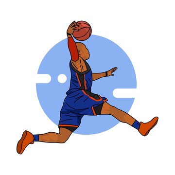 basketball player jumping with the ball. vector illustration with blue background. suitable for children's coloring book. eps file