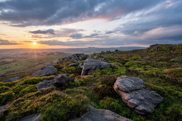 Panoramic view from The Roaches at sunset in the Peak District National Park.