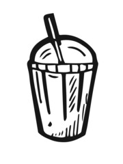 Lemonade in glass with straw cocktail. Hand drawing outline. Isolated on white background. Monochrome drawing. Vector