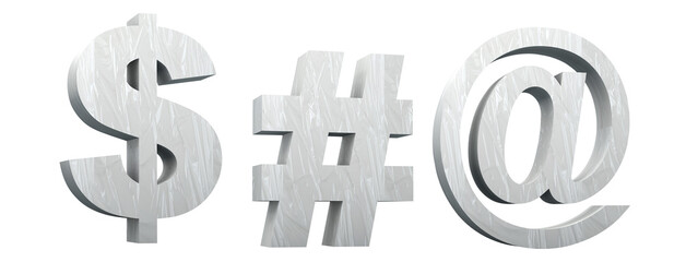 Plasticized alphabet. Dollar sign, hashtag, arroba. White or clear plastic font. Synthetic material. 3D illustration. Cut ready.
