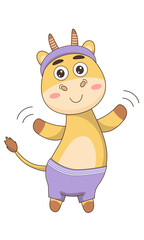 Hand drawn baby goat exercising in purple shorts and headband vector illustration