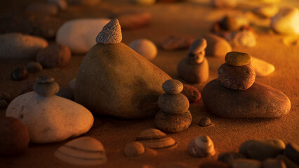 Stone towers on the beach sand at sunrise with golden light and seashells