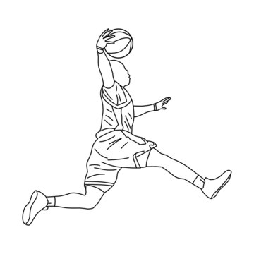 recommend clip art: line art basketball player. jump. ball. white background. perfect for children's color books, t-shirts, sticker etc.  eps file