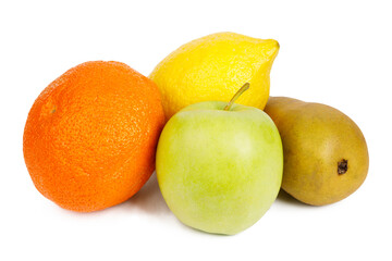 Fresh fruits isolated on white background. Apple, orange, lemon and pear.