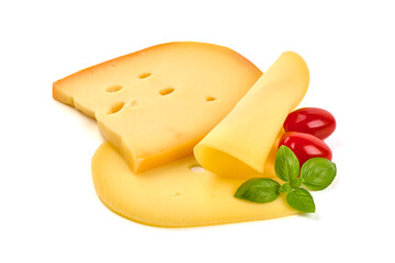 Hard Dutch gouda cheese, isolated on white background.