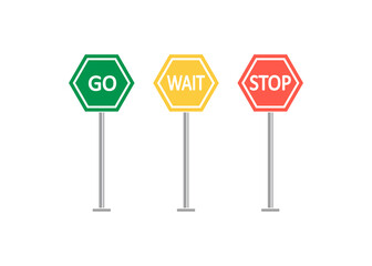 Colored go, wait, stop control icon.  Traffic regulatory symbol. Signs road vector.