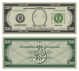 Fifty dollars banknote. Gray obverse and green reverse fictional US paper money in style of vintage american cash.  Frame with guilloche mesh and bank seals. Grant